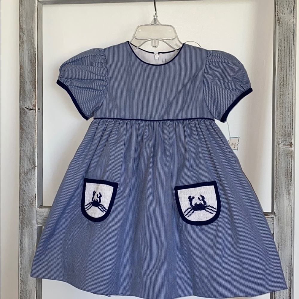 Busy Bees Smocked Blue Striped Dress Size 2 Yrs.